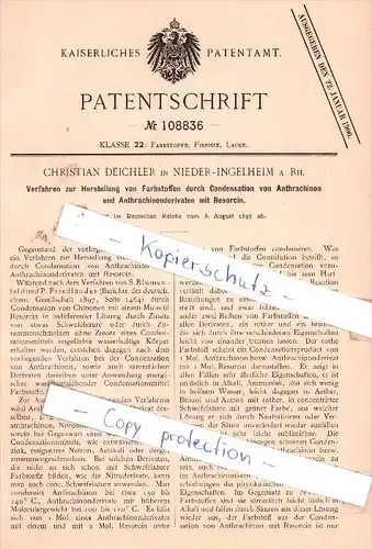 Original Patent - C. Deichler in Nieder-Ingelheim a. Rh. , 1897 , Herstellung von Farbstoffen !!!