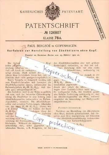 Original Patent - Paul Bergsoe in Kopenhagen , 1900 , Herstellung von Zündhölzern ohne Kopf !!!