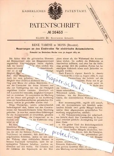 Original Patent - Rene Tamine in Mons , Belgien , 1883 , Elektroden für Accumulatoren !!!