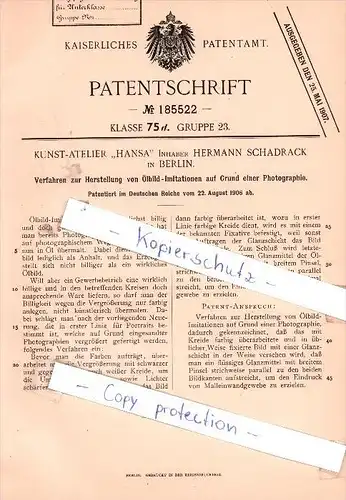 Original Patent - Kunst-Atelier "Hansa" Inhaber Hermann Schadrack in Berlin , 1906 , !!!