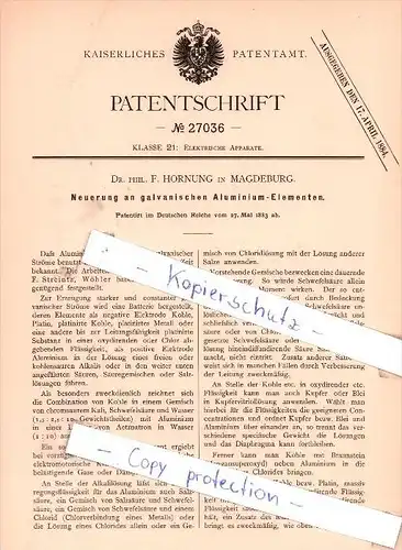 Original Patent - Dr. Phil. F. Hornung in Magdeburg , 1883 , Neuerung an Aluminium-Elementen !!!