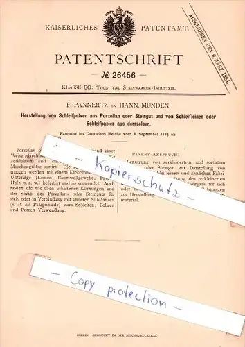 Original Patent - F. Pannertz in Hann Münden , 1883 , Herstellung von Schleifpulver  !!!
