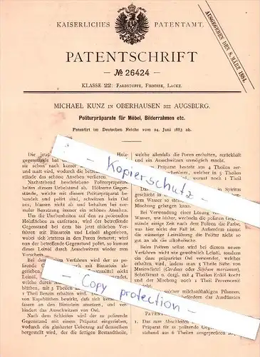 Original Patent - M. Kunz in Oberhausen bei Augsburg , 1883 , Politurpräparate für Möbel !!!