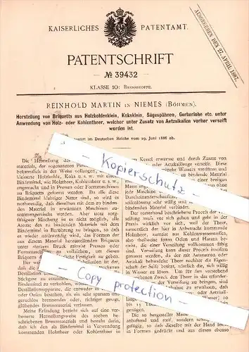 Original Patent - Reinhold Martin in Niemes , Böhmen , 1886 , Herstellung von Briquetts !!!