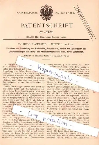 Original Patent - Dr. Hugo Engelsing in Witten a. d. Ruhr , 1883 , Darstellung von Farbstoffen !!!