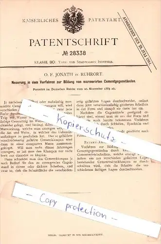 Original Patent - O. F. Jonath in Ruhrort , 1883 , Bildung von Cementgegenständen !!!