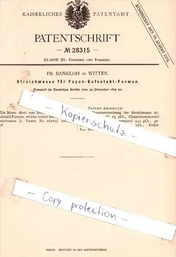 Original Patent - Fr. Bankloh in Witten , 1883 , Streichmasse für Facon-Gußstahl-Formen !!!