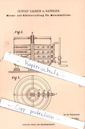 Original Patent -  Gustav Ullrich in Ratingen , 1899 , Wärme- und Kühleinrichtung !!!