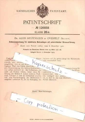 Original Patent - Dr. Alois Helfenstein in Overpelt , Belgien , 1901 , Schienenanordnung !!!