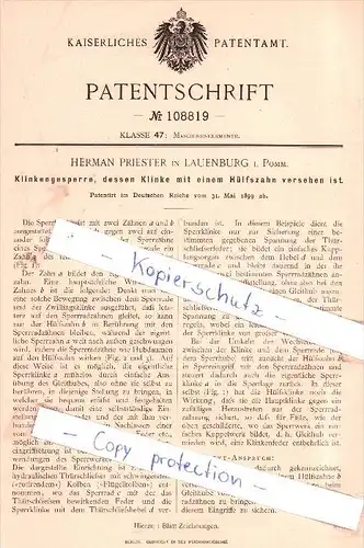 Original Patent - Hermann Priester in Lauenburg i. Pomm. , 1899 , Maschinenelemente !!!