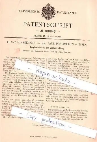Original Patent - F. Hinselmann jun. und P. Schlimchen in Essen , 1899 , Bierglasuntersatz !!!