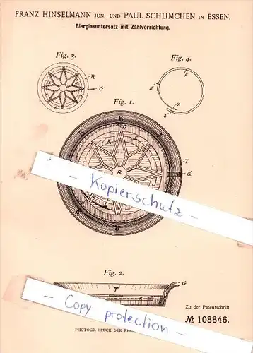 Original Patent - F. Hinselmann jun. und P. Schlimchen in Essen , 1899 , Bierglasuntersatz !!!