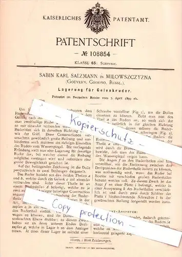 Original Patent - S. K. Salzmann in Milowszczyzna , 1899 , Lagerung von Gelenkruder , Grodno , Russland !!!