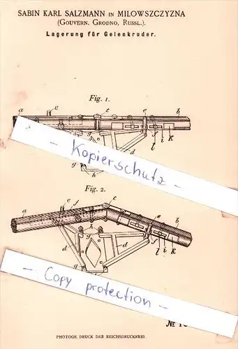 Original Patent - S. K. Salzmann in Milowszczyzna , 1899 , Lagerung von Gelenkruder , Grodno , Russland !!!