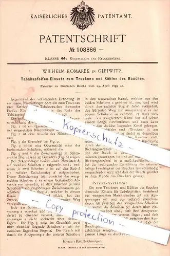 Original Patent - Wilhelm Komarek in Gleiwitz , 1899 , Tabakpfeifen-Einsatz  !!!