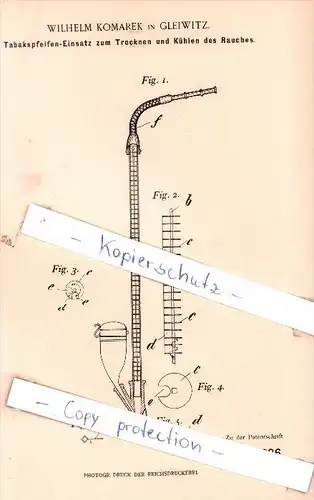 Original Patent - Wilhelm Komarek in Gleiwitz , 1899 , Tabakpfeifen-Einsatz  !!!