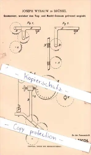 Original Patent - Joseph Wybauw in Brüssel , 1885 , Gasmesser !!!