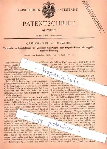 Original Patent - Carl Zwickart in Salzwedel , 1886 , Verschluß an Schiebethüren, Schlosserei !!!