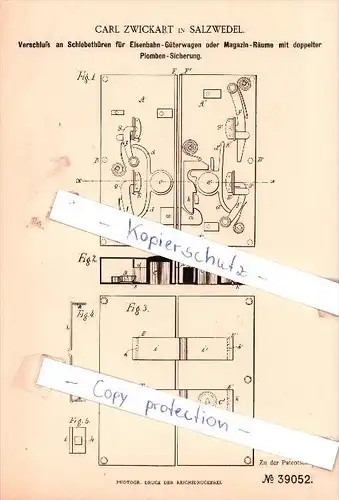 Original Patent - Carl Zwickart in Salzwedel , 1886 , Verschluß an Schiebethüren, Schlosserei !!!