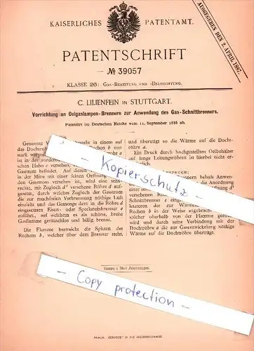 Original Patent - C. Lilienfein in Stuttgart , 1886 , Anwendung des Gas-Schnittbrenners !!!