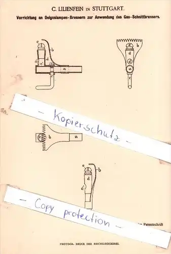 Original Patent - C. Lilienfein in Stuttgart , 1886 , Anwendung des Gas-Schnittbrenners !!!