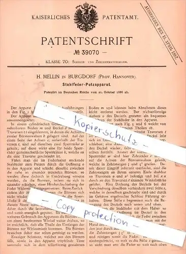 Original Patent - H. Mellin in Burgdorf , Prov. Hannover , 1886 ,  Stahlfeder-Putzapparat , Feder , Federhalter !!!