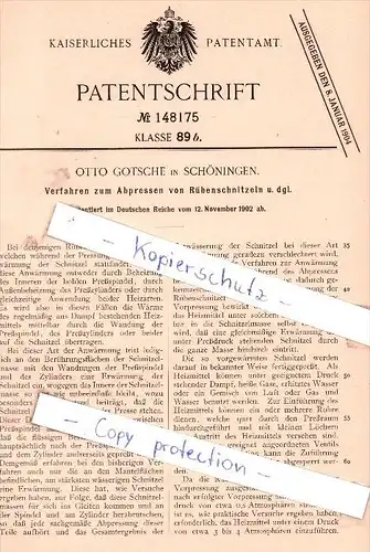 Original Patent - Otto Gotsche in Schöningen , 1902 , Abpressen von Rübenschnitzeln !!!