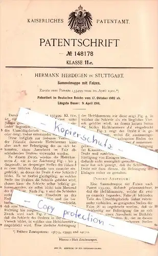 Original Patent - Hermann Herdegen in Stuttgart , 1902 , Sammelmappe für Falzen !!!