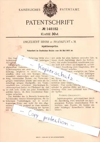 Original Patent - Engelbert Hriss in Frankfurt a. M.  , 1903 , Injektionsspritze !!!