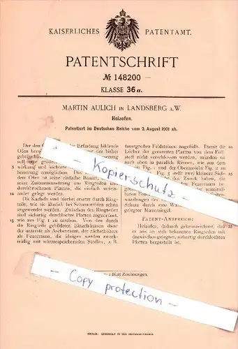 Original Patent - Martin Aulich in Landsberg a. W. , 1901 , Heizofen !!!
