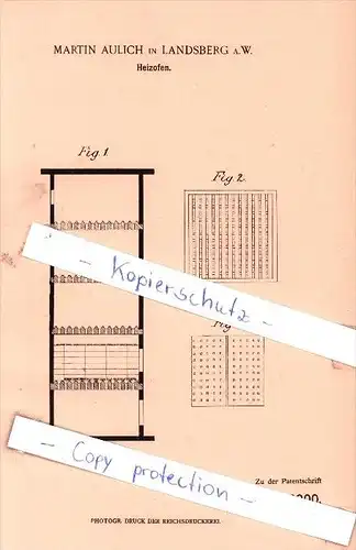 Original Patent - Martin Aulich in Landsberg a. W. , 1901 , Heizofen !!!