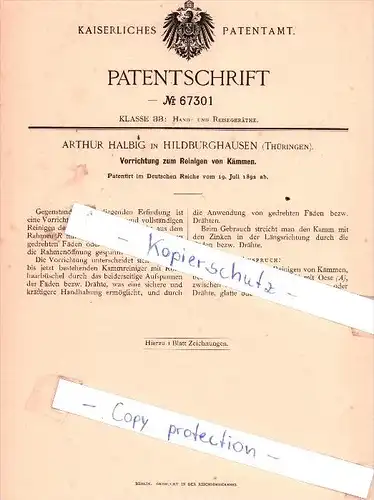 Original Patent - Arthur Halbig in Hildburghausen , Thüringen , 1892 , Reinigen von Kämmen !!!