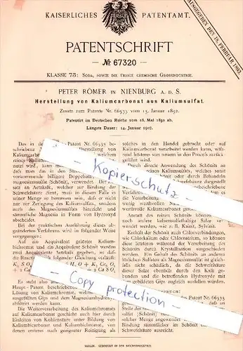Original Patent - P. Römer in Nienburg a. d. S. , 1892 , Herstellung von Kaliumcarbonat  !!!