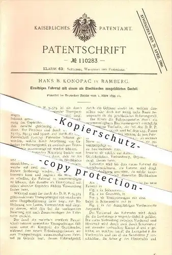 original Patent - Hans B. Konopac in Bamberg , 1899 , Einsitziges Fahrrad , Fahrradrahmen , Fahrzeugbau !!!