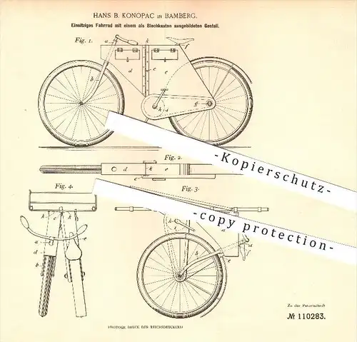 original Patent - Hans B. Konopac in Bamberg , 1899 , Einsitziges Fahrrad , Fahrradrahmen , Fahrzeugbau !!!