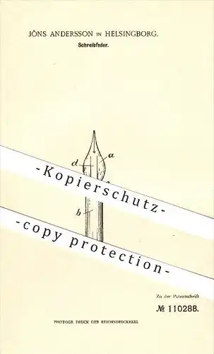 original Patent - Jons Andersson in Helsingborg / Schweden , 1899 , Schreibfeder , Feder , Schreiben , Federhalter !!!