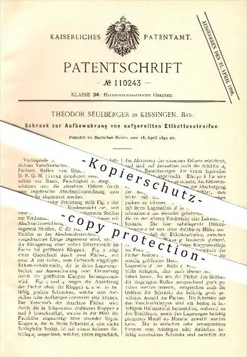 original Patent - Theodor Seulberger in Bad Kissingen , 1899 , Aufbewahrung von Etiketten , Schrank , Haushalt , Möbel !