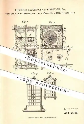 original Patent - Theodor Seulberger in Bad Kissingen , 1899 , Aufbewahrung von Etiketten , Schrank , Haushalt , Möbel !