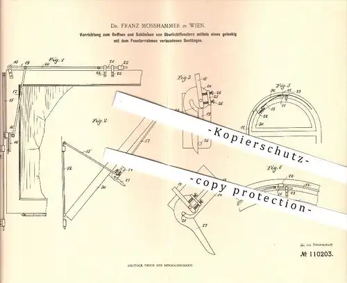 original Patent -  Dr. F. Mosshammer in Wien , 1899 , Öffnen und Schliessen von Oberlichtfenstern , Fenster , Schlosser