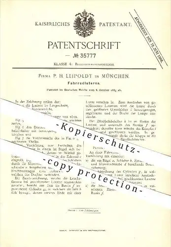 original Patent - P. H. Leipoldt in München , 1885 , Fahrradlaterne , Fahrrad , Laterne , Licht , Lampe !!!