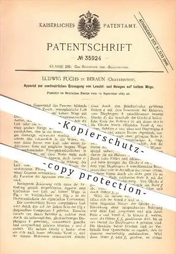 original Patent - Ludwig Fuchs in Beraun / Beroun , 1885 , Erzeugung von Leuchtgas und Heizgas , Gas , Beleuchtung !!