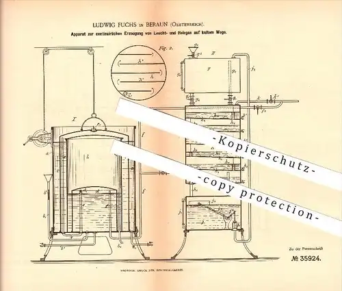 original Patent - Ludwig Fuchs in Beraun / Beroun , 1885 , Erzeugung von Leuchtgas und Heizgas , Gas , Beleuchtung !!