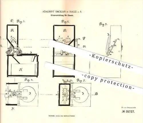 original Patent - Adalbert Smolian in Halle a. S. , 1885 , Streuvorrichtung für Klosets , WC , Toilette , Wasserleitung