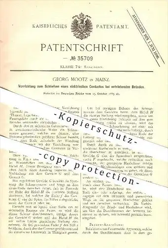 original Patent - G. Mootz in Mainz , 1885, Schließen eines elektrischen Kontaktes bei Bränden , Feuerwehr , Brandschutz