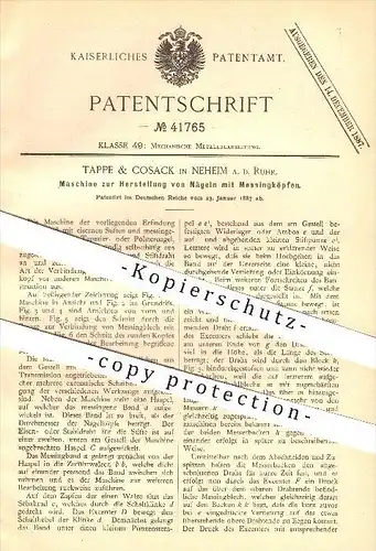 original Patent - Tappe & Cosack in Neheim a. d. Ruhr , 1887 , Herstellung von Nägeln , Nagel , Messing , Metall , Stahl