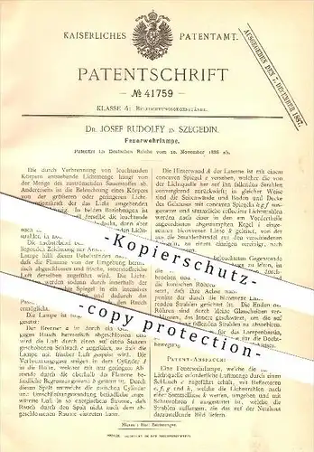 original Patent - Dr. Josef Rudolfy in Szegedin / Szeged , 1886 , Feuerwehrlampe , Feuerwehr , Lampen , Beleuchtung !!