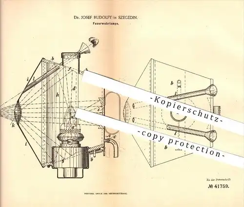 original Patent - Dr. Josef Rudolfy in Szegedin / Szeged , 1886 , Feuerwehrlampe , Feuerwehr , Lampen , Beleuchtung !!