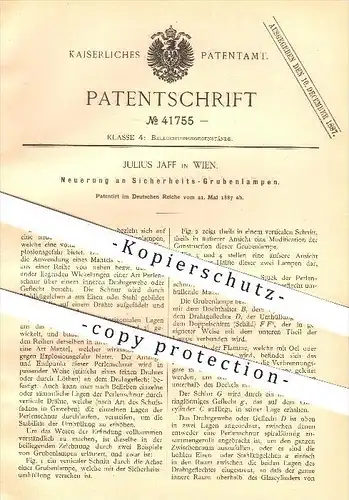 original Patent - Julius Jaff in Wien , 1887 , Sicherheits-Grubenlampen , Lampen , Beleuchtung , Licht !!!