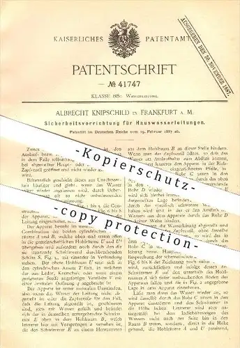 original Patent - Albrecht Knipschild in Frankfurt a. M. , 1887 , Hauswasserleitung , Wasserleitung , Wasser , Ventil !!