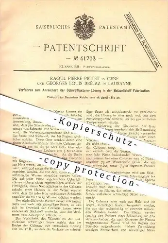 original Patent - Raoul P. Pictet in Genf & Georges L. Brélaz in Lausanne , 1887 , Schwefelsäure-Lösung im Holzzellstoff